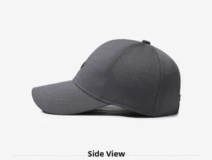 Detailed side view of high-quality dark grey baseball cap with reinforced stitching