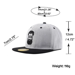 Detail view of snapback cap dimensions with freedom embroidery and gray black tones
