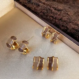 C-Shape Hoop Earrings Alloy Enamel Contrast Color Geometric Fashion Jewelry With Silver Earring Post For Women