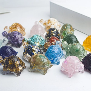 Handmade turtle figurines with colorful natural crystal stone and gold foil resin