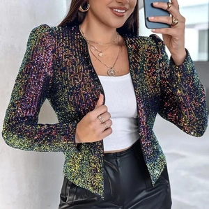 Women's colorful sequin long sleeve cropped blazer jacket with leopard pattern flair