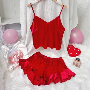 Women Pajama Camisole And Ruffle Shorts Imitation Satin Satin V Neck Sleeveless Loungewear Elegant Sexy Sleepwear