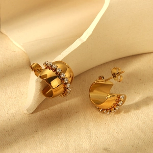 18K gold plated stainless steel C-shaped hoop earrings with sparkling zircon crystals