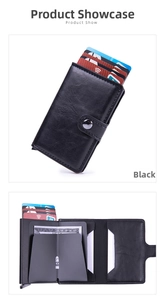 Macro detail of black RFID blocking card holder with automatic pop-up aluminum mechanism
