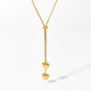 Minimalist gold double heart Y-shaped lariat necklace in high-quality stainless steel