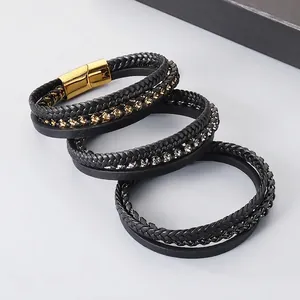Braided Leather Bracelet Stainless Steel Magnetic Clasp Multilayer Punk Style Jewelry For Men Casual Fashion Wear