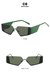 Front and side view of Y2K rimless geometric sunglasses with green frames and grey lenses