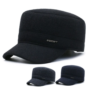 Men's Winter Warm Cadet Cap With Earflaps Solid Color Polyester Flat Top Hat For Elderly Men Outdoor Cold Protection Hat
