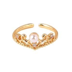 Elegant gold crown open ring with a single white pearl and micro-pave cubic zirconia