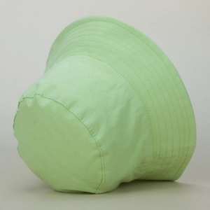 Detailed side view of mint green sun hat with reinforced parallel stitching on brim