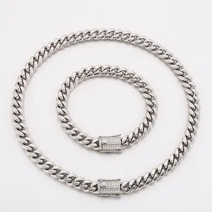 Hip Hop Cuban Link Necklace And Bracelet Stainless Steel Rhinestone Iced Out Square Clasp Streetwear Jewelry Men Women