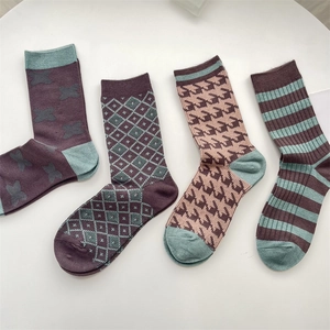 Set of 4 vintage plaid and striped cashmere blend crew socks in purple and teal colors