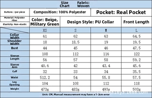 Detailed size chart for women's PU lapel casual jacket including measurements in CM