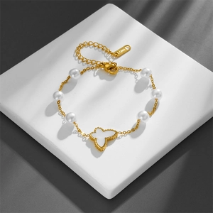 Butterfly Artificial Pearl Bracelet Stainless Steel Gold Plated Adjustable Fashion Elegant Jewelry For Women
