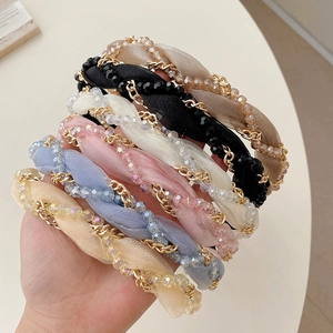 Women Elegant Braided Headband With Metal Chain Crystal Beads Mesh Fabric Twisted Hair Band Korean Style Vintage Accessory