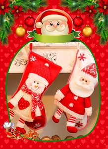 Detail of 3D Santa and Snowman Christmas stockings with festive plush snowflake accents