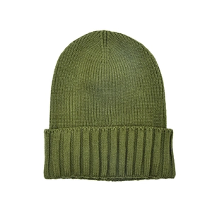 Classic olive green cuffed knit beanie with a thick ribbed pattern for women and men