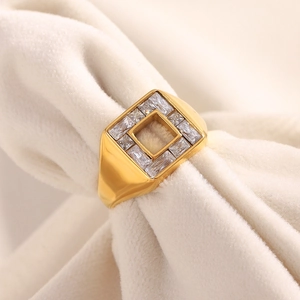 18K gold plated stainless steel square signet ring with baguette-cut zircon stones