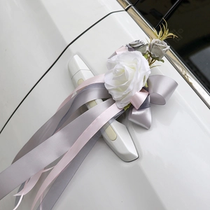 Artificial Austin rose wedding car door handle decor with long satin ribbons