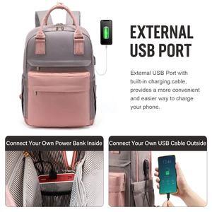 Detalle de la mochila para portátil de mujer con puerto de carga USB externo y cable.