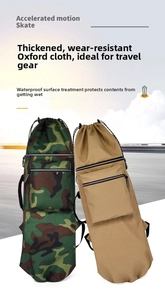 Detail of camouflage and khaki waterproof skateboard bags with reinforced oxford fabric