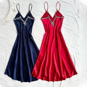 Elegant silk satin slip nightgown with lace trim and V-neckline in red and navy