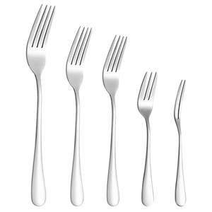 5-piece stainless steel fork set including dinner and fruit forks on white background