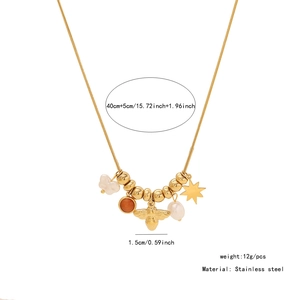 Detail of 40cm stainless steel bee and pearl charm necklace with size measurements