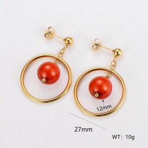 Retro stainless steel gold hoop earrings with red beads 12mm and 27mm length