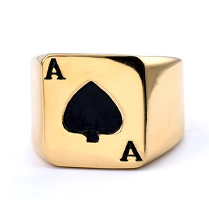 Gold stainless steel Ace of Spades signet ring for men in biker style with black enamel