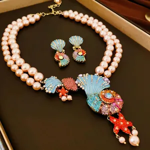 Ocean theme jewelry set with double layer pearl necklace and colorful conch earrings