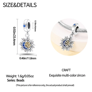 Detailed size chart and macro view of silver star and moon pendant with colored zircons