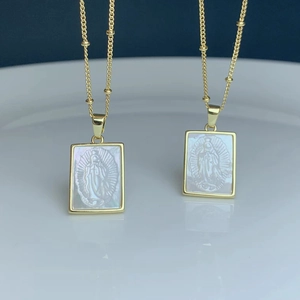 Golden Guadalupe mother of pearl square pendant necklace with bead chain for women