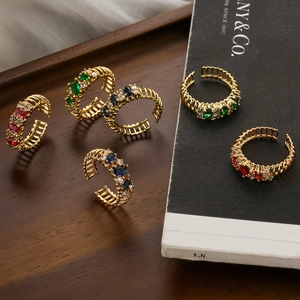 Adjustable Open Ring Copper Plated 18K Gold Colorful Zircon Geometric Hollow Palace Style Vintage Luxury Jewelry Women