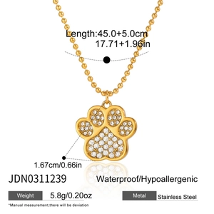 Detail of 18K gold stainless steel paw pendant necklace with sparkling white crystals