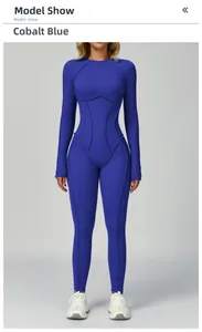Macro detail of cobalt blue brushed yoga bodysuit with athletic flatlock stitching