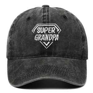Distressed washed black baseball cap featuring an embroidered 'SUPER GRANDPA' shield design