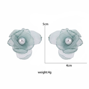 Detail view of pink lace flower earrings with pearl center showing 5cm x 4cm dimensions