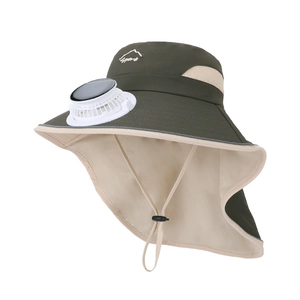 Kids solar fan sun hat with wide brim, neck flap and Sport embroidery in olive green