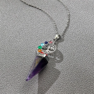 Chakra Tree of Life necklace with amethyst crystal point pendant on silver chain