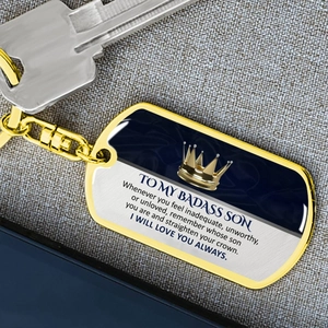 Golden stainless steel army tag keychain with crown emblem and To My Badass Son message