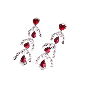 French vintage silver heart tassel earrings with red zircons and crystal drops