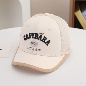 Detail of breathable mesh kids cap with cute capybara embroidery and small decorative ears