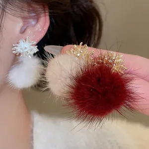 Elegant Firework Snowflake Dangle Earrings With 925 Sterling Silver Earring Post And Plush Fur Ball Winter Jewelry For Women