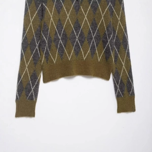 Classic argyle pattern long sleeve knit polo sweater in olive green and dark grey blocks