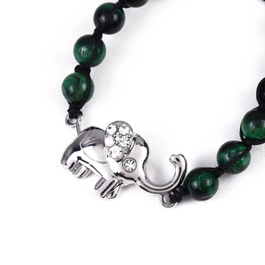 Green tiger eye stone beaded bracelet with silver elephant charm and rhinestones