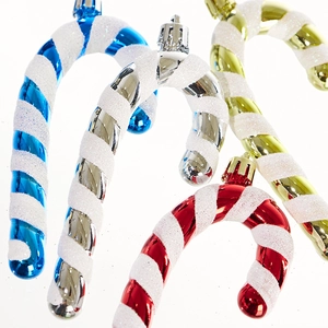Christmas tree glitter candy cane ornaments in red, blue, gold and silver metallic colors