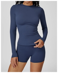 Slim fit navy blue long sleeve yoga top and high waist matching sports shorts set