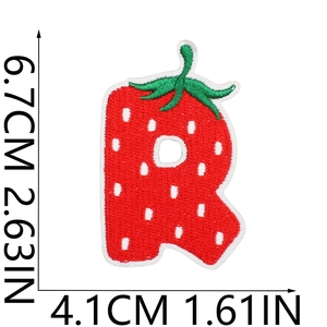 Detailed dimension guide for strawberry letter R embroidered patch showing height and width