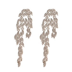 Silver leaf tassel earrings with sparkling rhinestones in a luxury elegant style